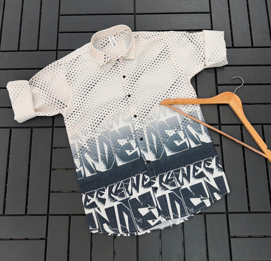 Premium White-Grey Ombre Printed Linen Shirt for Men