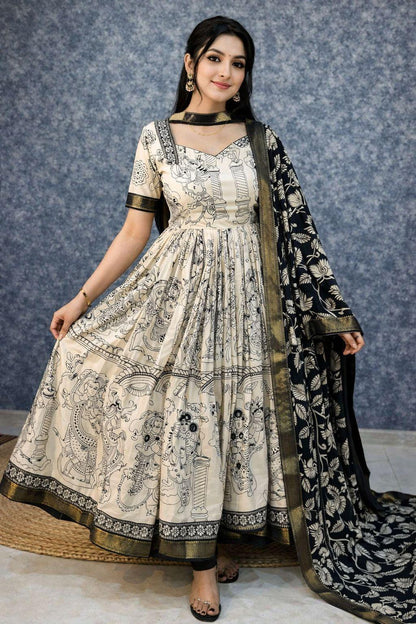 Kalamkari Print Anarkali Suit with Dupatta – Soft Dola Silk