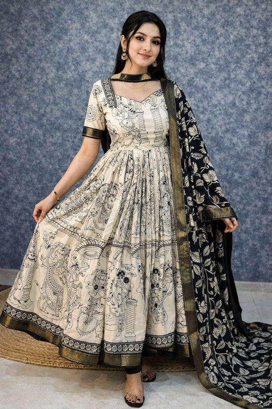 Kalamkari Print Anarkali Suit with Dupatta – Soft Dola Silk