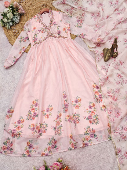 Blush Pink Tebby Silk Digital Printed Heavy Gown with Dupatta