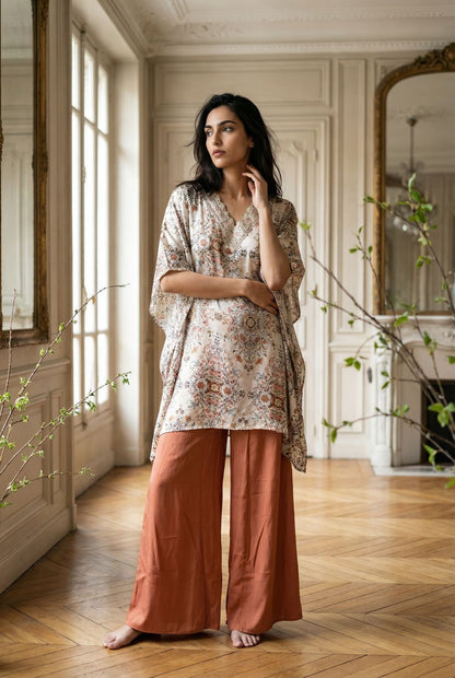 Floral Modal Satin Sharara Set with Rust Crepe Bottom – Elegant Indo-Western Wear