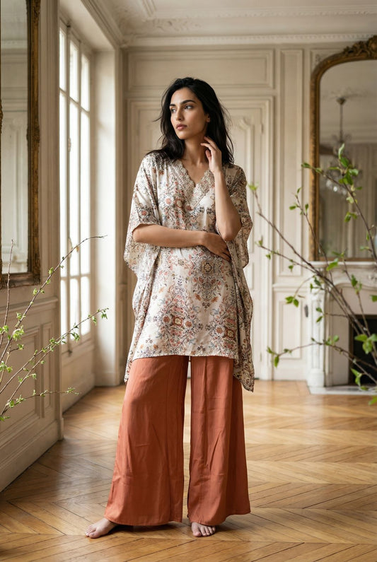 Floral Modal Satin Sharara Set with Rust Crepe Bottom – Elegant Indo-Western Wear