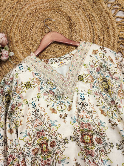 Floral Modal Satin Sharara Set with Rust Crepe Bottom – Elegant Indo-Western Wear