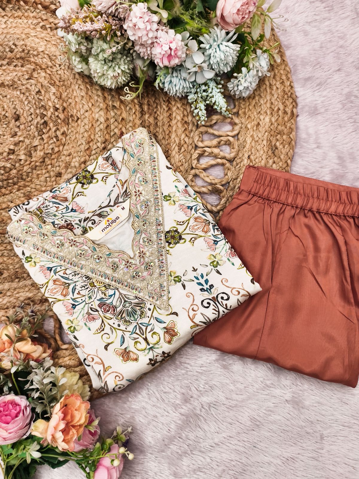 Floral Modal Satin Sharara Set with Rust Crepe Bottom – Elegant Indo-Western Wear