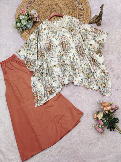 Floral Modal Satin Sharara Set with Rust Crepe Bottom – Elegant Indo-Western Wear