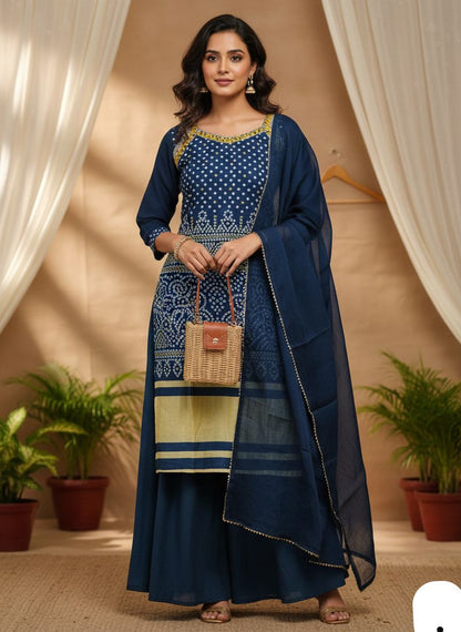 Elegant Navy Blue Thread Embroidered Kurti Sharara Set with Dupatta