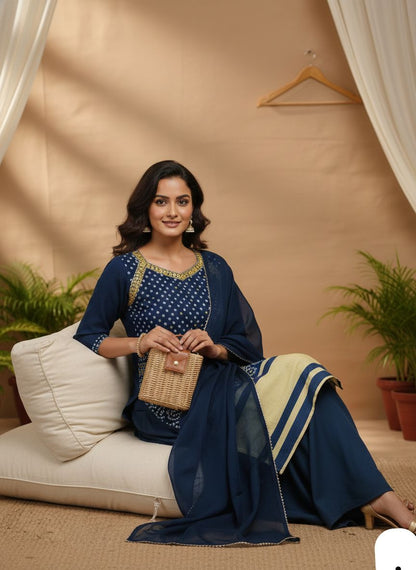 Elegant Navy Blue Thread Embroidered Kurti Sharara Set with Dupatta
