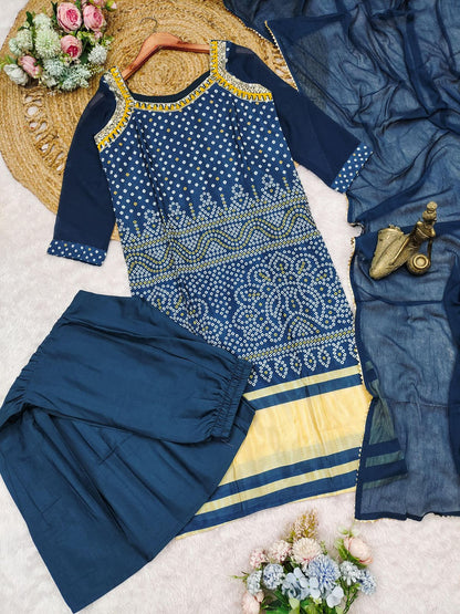 Elegant Navy Blue Thread Embroidered Kurti Sharara Set with Dupatta