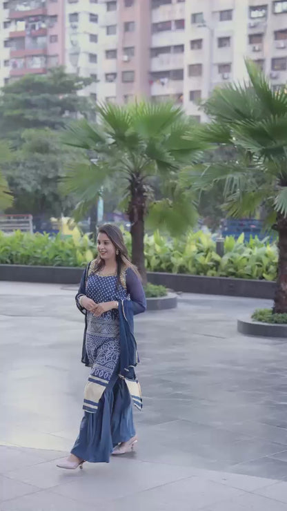 Elegant Navy Blue Thread Embroidered Kurti Sharara Set with Dupatta