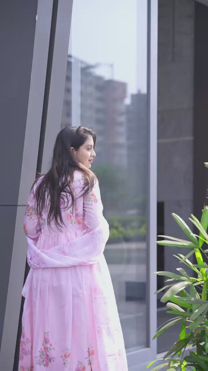 Blush Pink Tebby Silk Digital Printed Heavy Gown with Dupatta